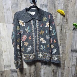 Norm Thompson Vintage Grey Leaf Fall Wool Sweater Cardigan